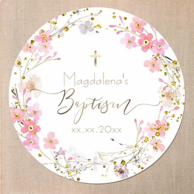  flowers wreath Baptism Classic Round Sticker (Creator Uploaded)