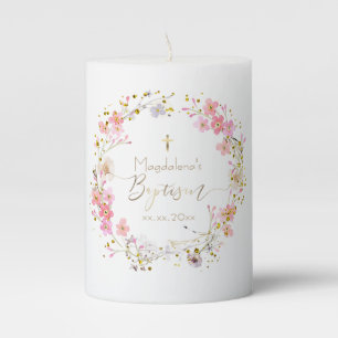flowers wreath Baptism  Pillar Candle