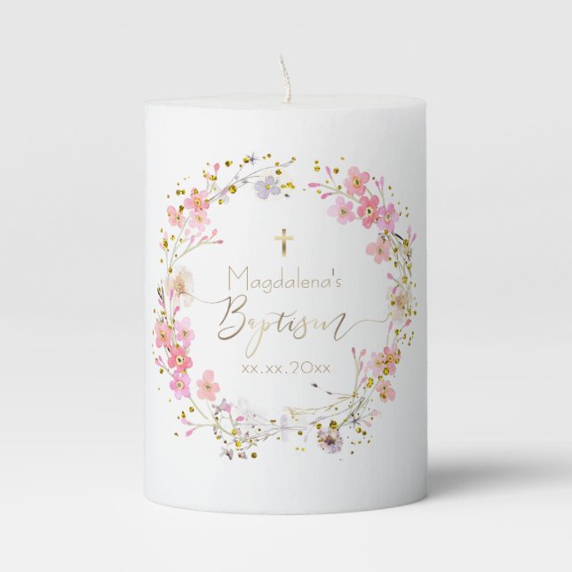 flowers wreath Baptism  Pillar Candle (Front)
