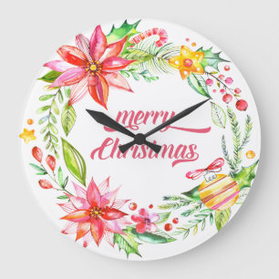 Flowers Wreath Modern Typography Merry Christmas Large Clock