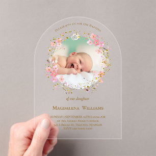 flowers wreath photo frame Baptism Invitation