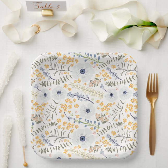 Flowers Yellow Blue Botanical Event Paper Plates (Wedding)