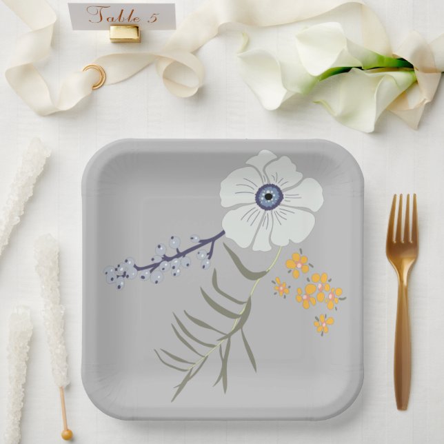 Flowers Yellow Blue Botanical Event Paper Plates (Wedding)