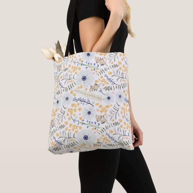 Flowers Yellow Blue Botanical Shopping Tote Bag (Close Up)