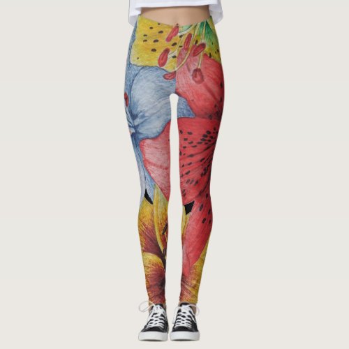 flowers yellow red blue bold floral pattern leggings