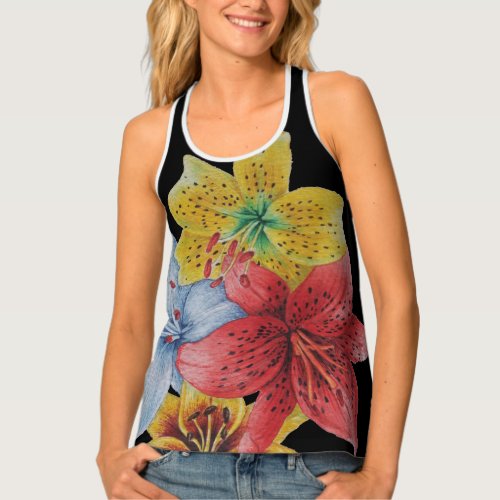 flowers yellow red blue bold floral pattern tank top