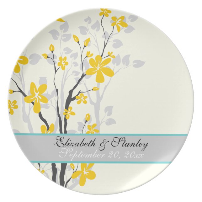 Flowers yellow turquoise wedding keepsake plate (Front)