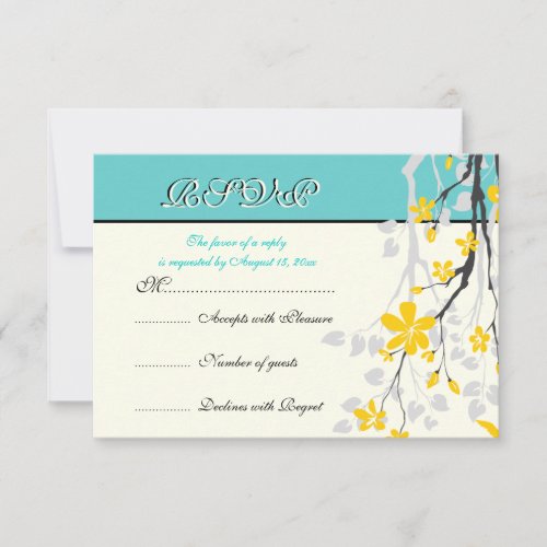 Flowers yellow turquoise wedding RSVP card