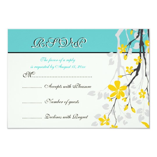Flowers yellow turquoise wedding RSVP card