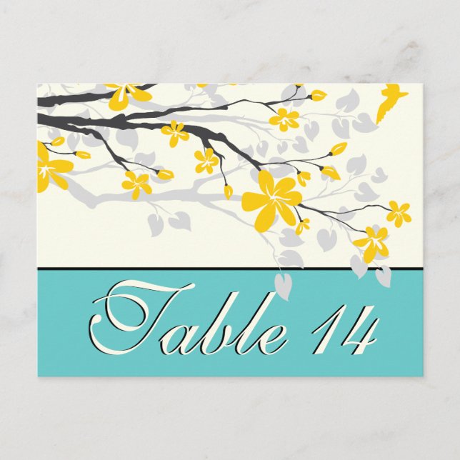 Flowers yellow turquoise wedding table number (Front)