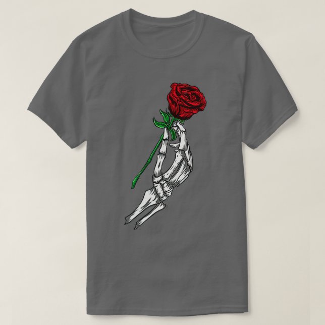 FlowerSkeleton Hand Holding Red Rose  T-Shirt (Design Front)