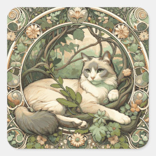 Flowery Beige and Sage Art Nouveau Cat Square Sticker
