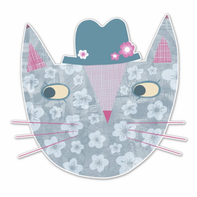 Flowery Blue Cat in a Flower Hat Sticker (Front)