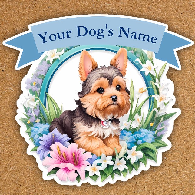 Flowery, blue ribbon cute Yorkshire custom Sticker (Creator Uploaded)