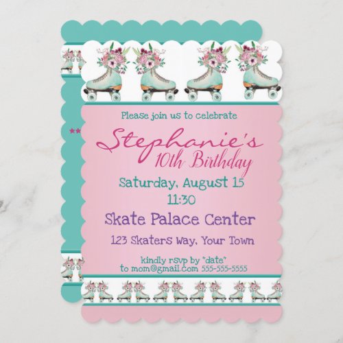 Flowery Blue Skate Birthday Party Invitation