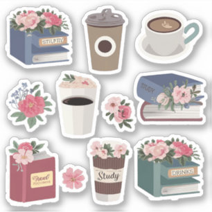 Flowery Books and Coffee Pack For Coffee Lovers Sticker