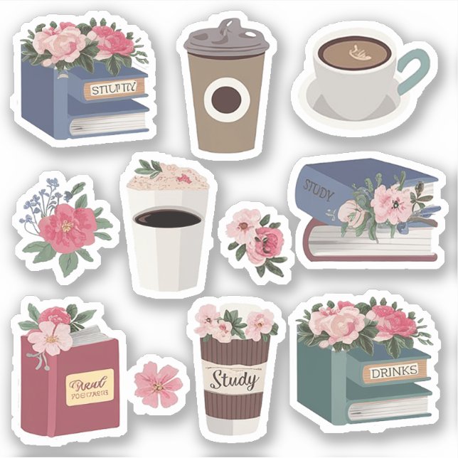 Flowery Books and Coffee Pack For Coffee Lovers Sticker (Front)