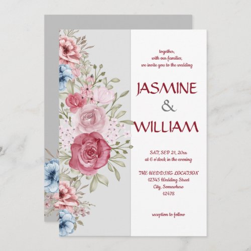 Flowery bouquet of pink and blue flowers invitation
