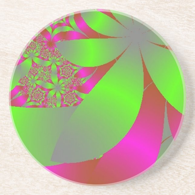 Flowery Bright Pink and Green Sandstone Coaster (Front)