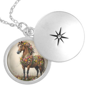 Flowery Brown Horse Fantasy Garden,  Locket Necklace