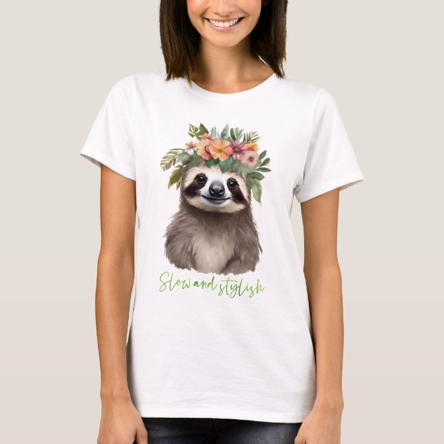 Flowery cute sloth T-Shirt (Front)