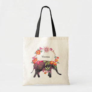 Flowery Elephant with Mandala Wreath Tote Bag