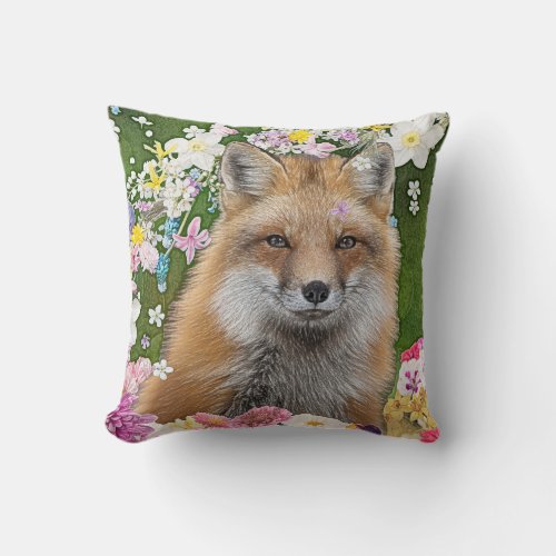 Flowery Fox Throw Pillow