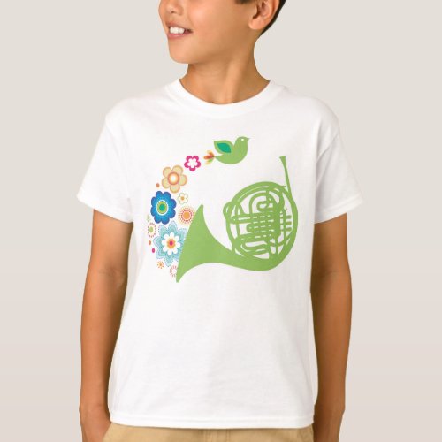 Flowery French Horn Kids Music Tee Shirt Gift