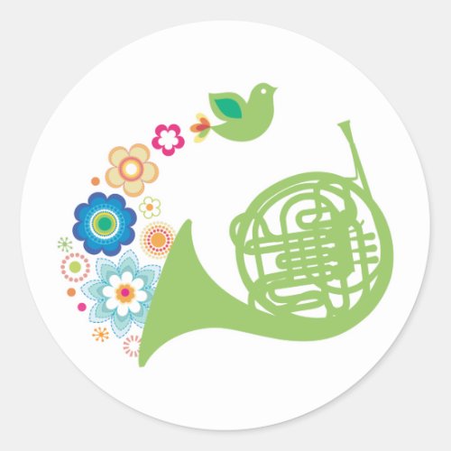 Flowery French Horn Music Gift Classic Round Sticker