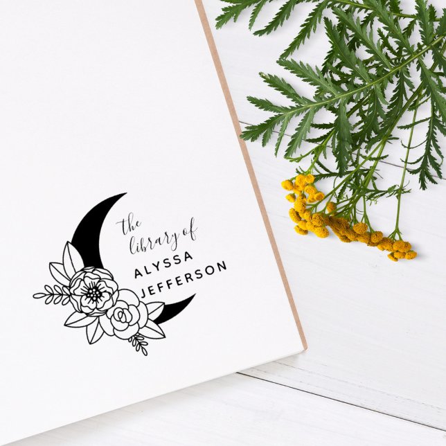 Flowery Moon Elegant Custom Name Library Book Rubber Stamp (Creator Uploaded)