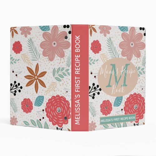 Flowery Pink Blue Brown Monogram Mom 1st Recipe  Mini Binder