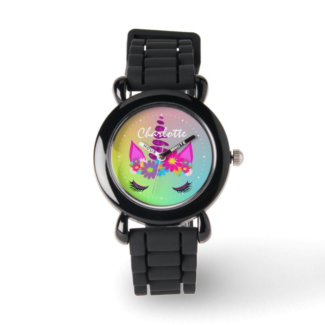 Flowery Unicorn Head Cute Girly  Personalized Watch (Front)