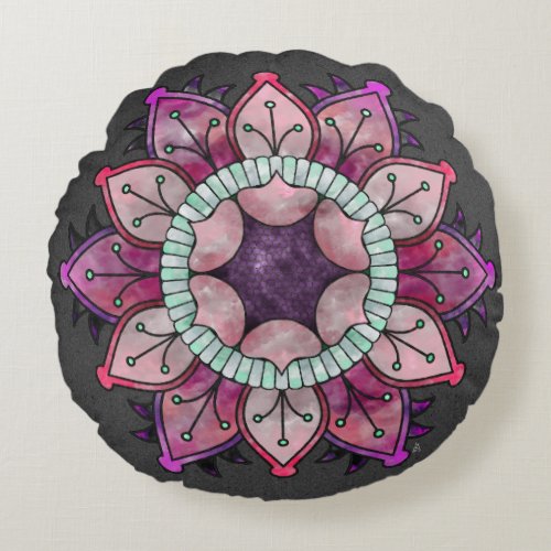 Flowery Watercolor Mandala _ Berry Colors on Gray Round Pillow