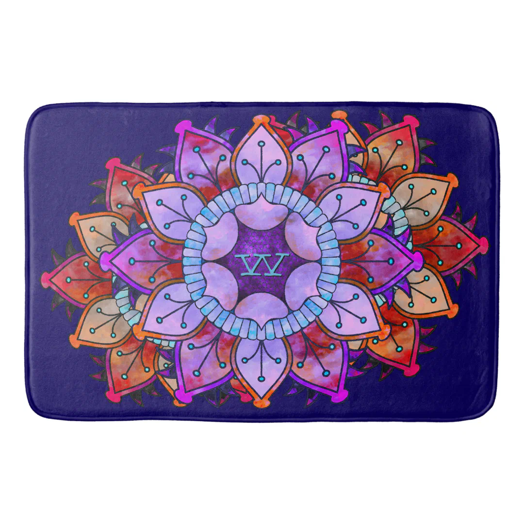 Flowery Watercolor Mandalas - Purples - Monogram Bathroom Mat