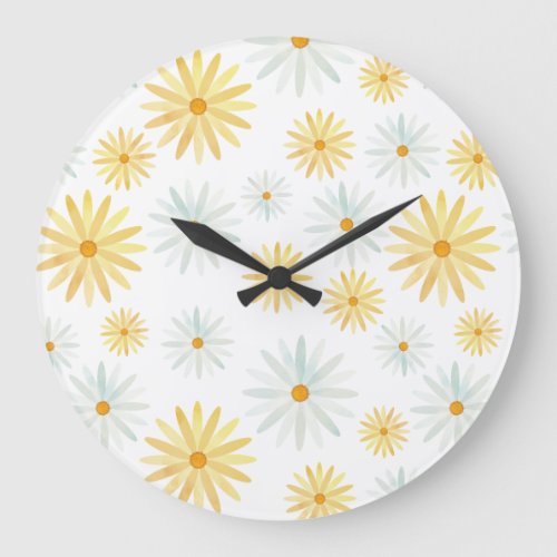 Flowery Watercolour April Daisies Pattern Large Clock