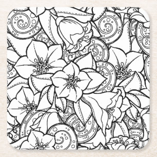 Flowery Zendoodle Square Paper Coaster