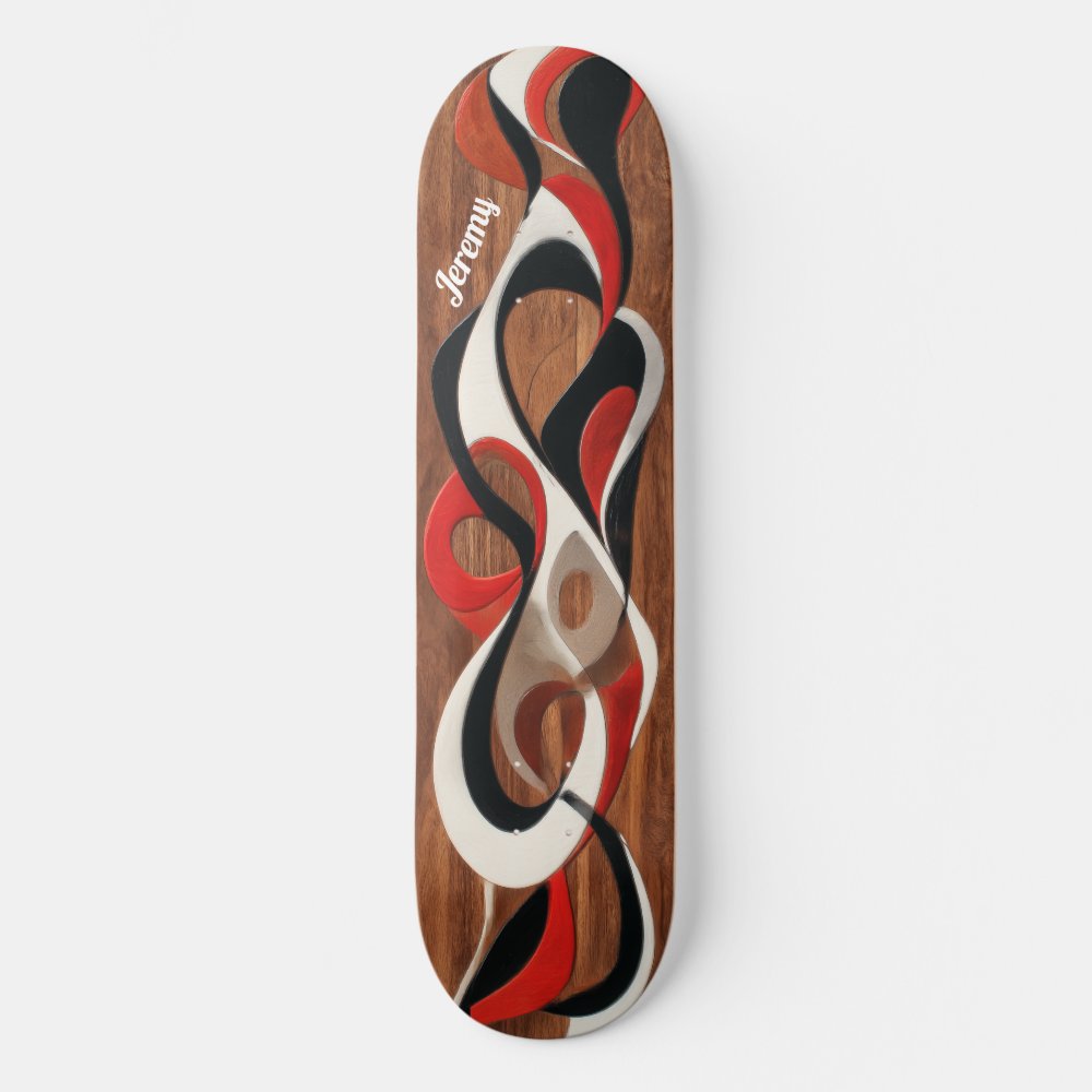 Flowing abstract black, red, white on walnut skateboard