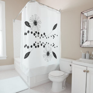 Flowing Black and White Floral Design Shower Curtain