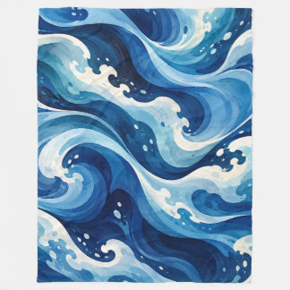 Flowing Blue Ocean Waves Watercolor Coastal Art Fleece Blanket