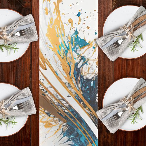 Flowing Blues and Golds _ Dynamic Abstract Design  Short Table Runner