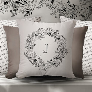 Flowing botanical wreath around letter J Throw Pillow