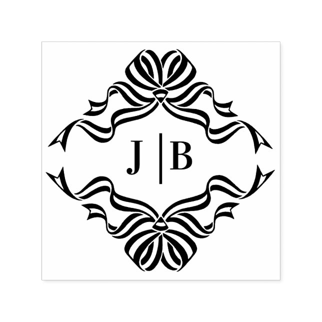 Flowing Bow Ribbons Crest 2 Initials Wedding Self-inking Stamp (Design)