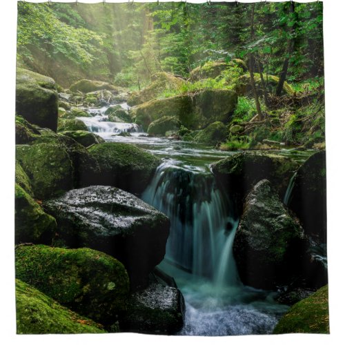 Flowing Creek Green Mossy Rocks Forest Nature Shower Curtain