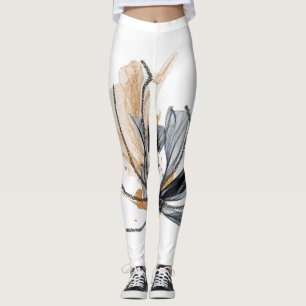 Flowing Floral Design Leggings Black & Gold Colors