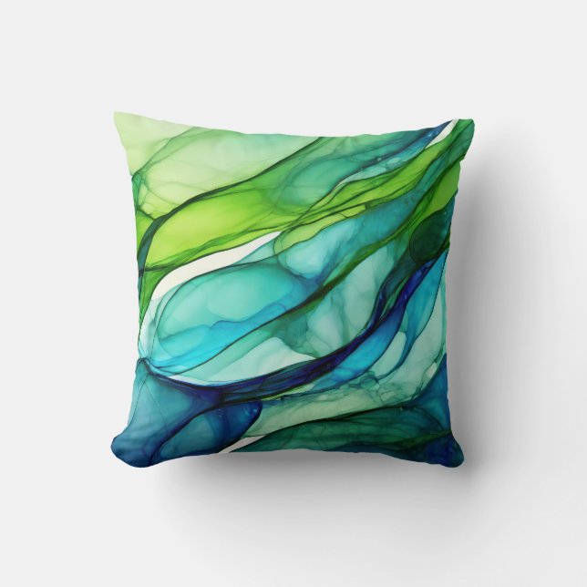 Flowing forms in green and blues throw pillow (Front)