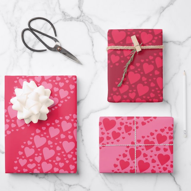 Flowing Hearts Red Pink Valentines Day Pattern Wrapping Paper Sheets (Front)