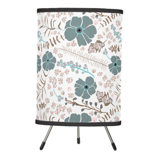 Flowing Mix Teal Pink Gray Whimsical Floral Print Tripod Lamp (Front)