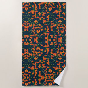 Flowing Orange Floral Pattern Beach Towel