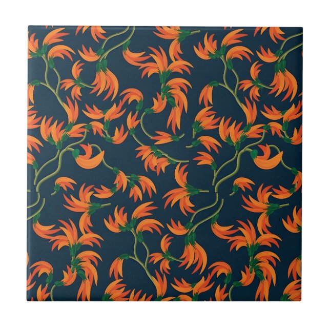  Flowing Orange Floral Pattern Ceramic Tile (Front)