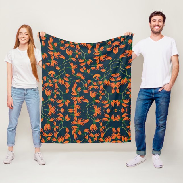  Flowing Orange Floral Pattern Fleece Blanket (In Situ)